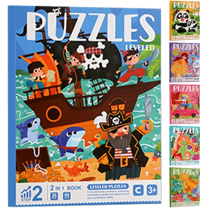 Set Puzzle-uri Magnetice din Lemn tip Carte, 2 in 1, 36 si 48 piese, Nivel 2, Corabia Piratilor, Montessori