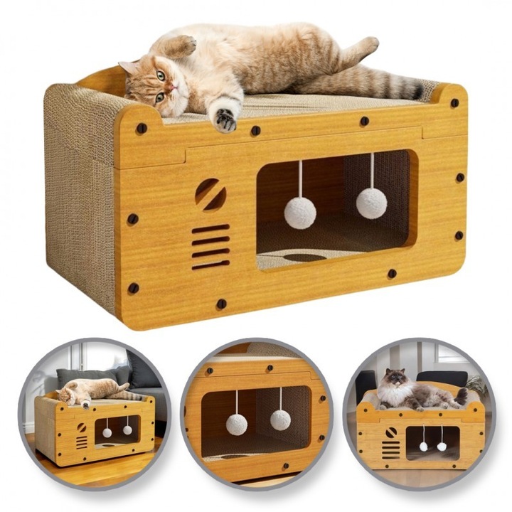 Casuta culcus pentru pisici, cu loc de zgariat si jucat, JollyMag, KOT18