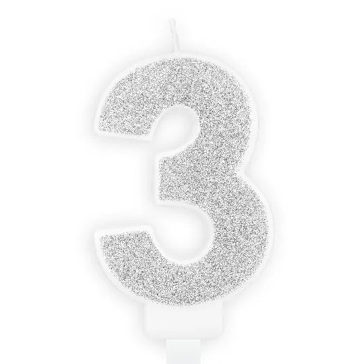Candle birthday number 3, PartyDeco, argintie, 7cm