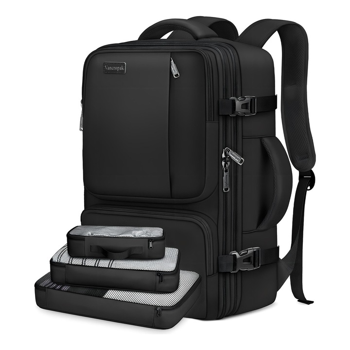 Rucsac de Calatorie Vancropak 1409 cu Trei Buzunare, Rucsacuri Barbati, Rucsacuri Femei 45L, Rucsac de Calatorie Impermeabil Antifurt Aprobat la Avion 10kg, negru
