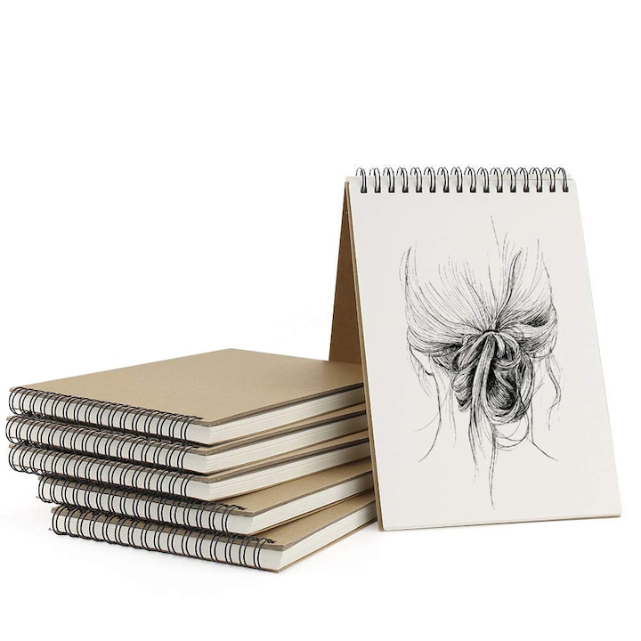 Set 6 Schitare A5 (21x14.5 cm), 30 coli hartie 160 gsm, Coperta rigida cu spirala superioara, Desen/Pictura