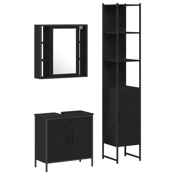 Set mobilier baie vidaXL, 3 piese, negru, din lemn ingineresc