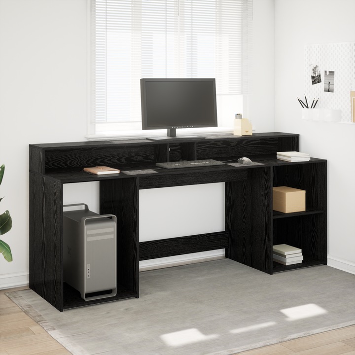 Birou vidaXL, 200x55x91 cm, lemn ingineresc, iluminare LED, negru