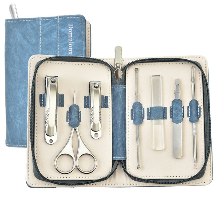 Комплект за маникюр и педикюр Domunlonx, 7 части, син, неръждаема стомана, 15,5x10,3x3,4 см