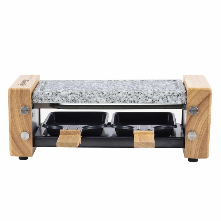 Plita grill si raclette H. Koenig, pentru 2 persoane, placa din granit, suprafata de gatit 18.5x10.5 cm, temperatura reglabila, include 6 raclette antiaderente, suprafata neteda, usor de curatat, maro deschis