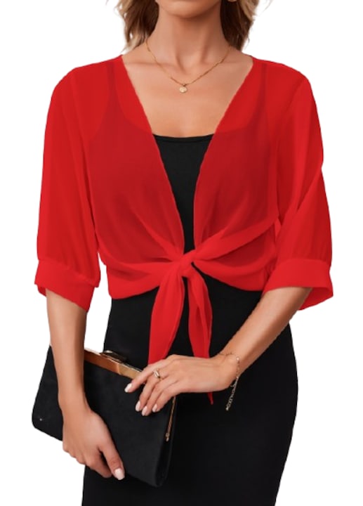 Bolero elegant office, material vaporos, respirabil, legare in fata, culoare rosu, Rosu