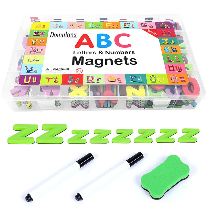 Set magnetic cu litere si cifre pentru copii, include litere, cifre, simboluri, pentru educatia copiilor, 34,5 x 21,5 x 4,6 cm, multicolor