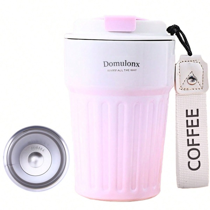 Cana termos, Domulonx, 400ml, otel inoxidabil, dublu strat, roz/alb, 8x17cm