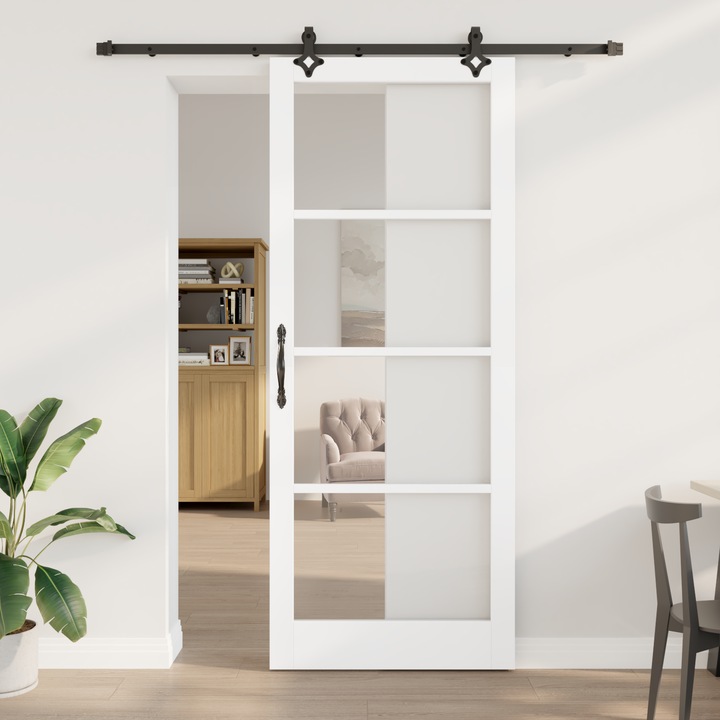 Usa glisanta vidaXL, lemn solid, sticla, finisaj mat, pentru living sau dormitor