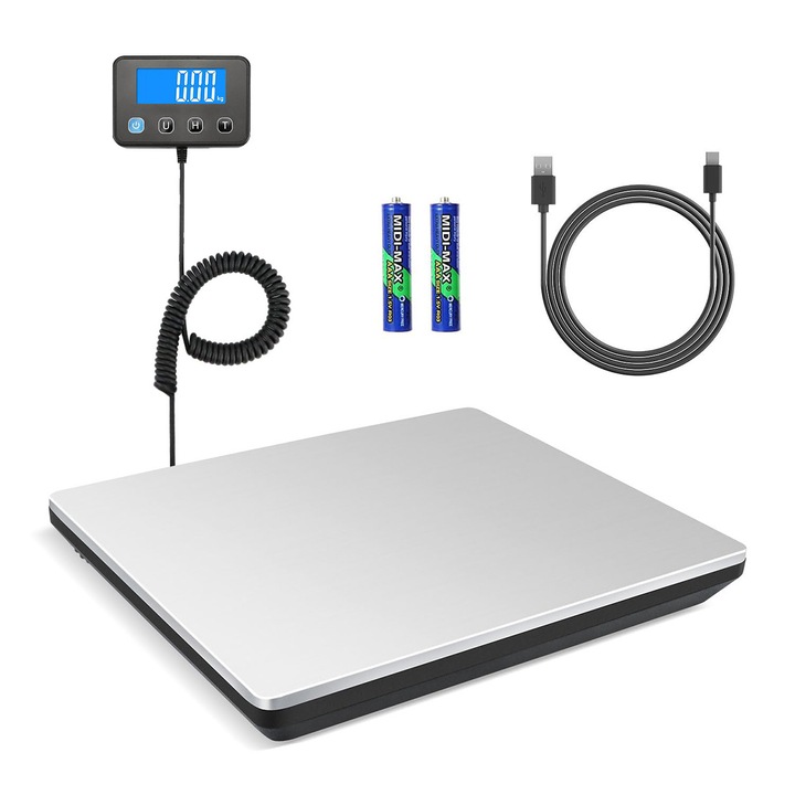 Cantar electronic comercial, 200kg, inox, display LCD, alimentare cu baterii si USB, 295x235x33mm