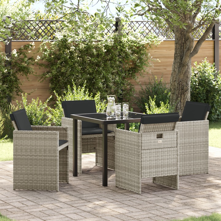 Set 5 piese mobilier gradina, vidaXL, design modern, rattan poli, gri deschis, cu perne, 110kg/sediu