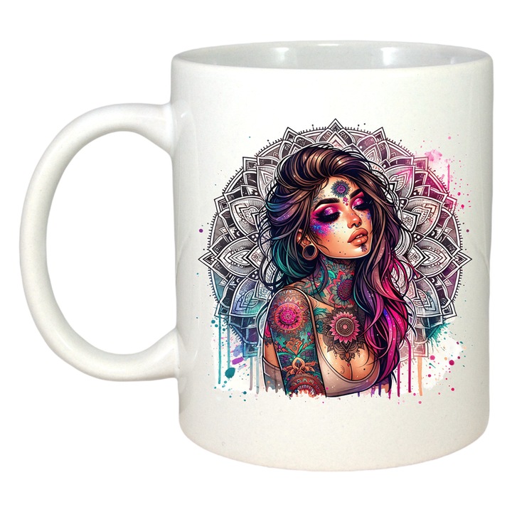 Cana mandala girl color tattoo art, fata cu mandala si tatuaje colorate, Cri-Flo, Ceramica, 330 ml, Culoare Alb