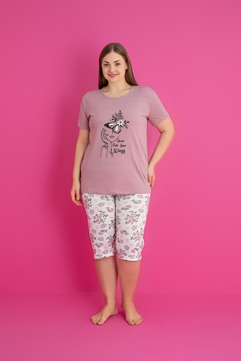 Pijama bumbac dama marimi mari, maneca scurta, pantalon 3/4 -Wings, Mov 3XL