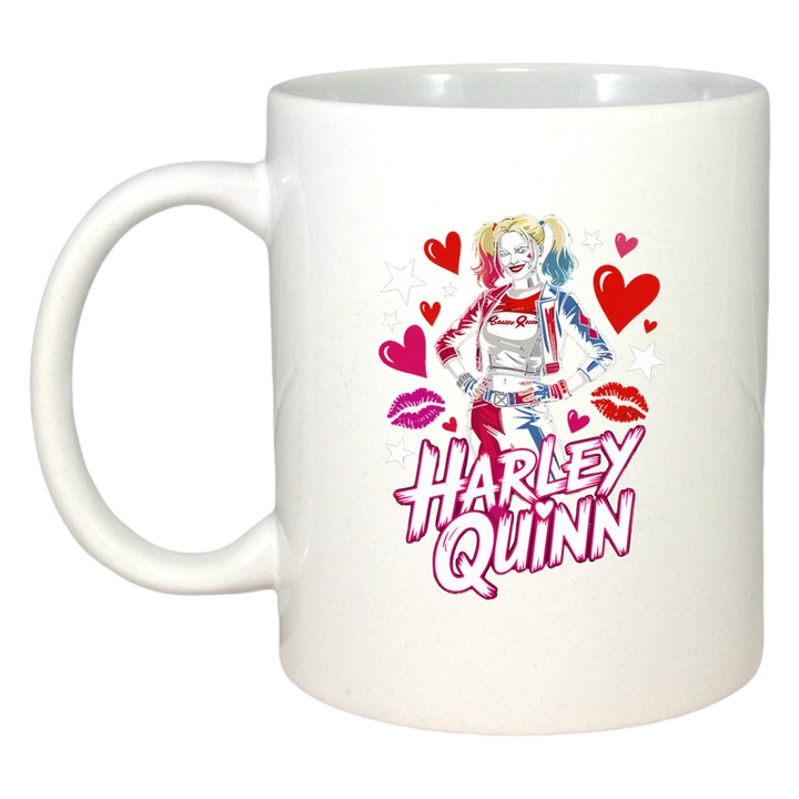 Cana harley quinn silueta inimioare si stele, Cri-Flo, Ceramica, 330 ml, Culoare Alb