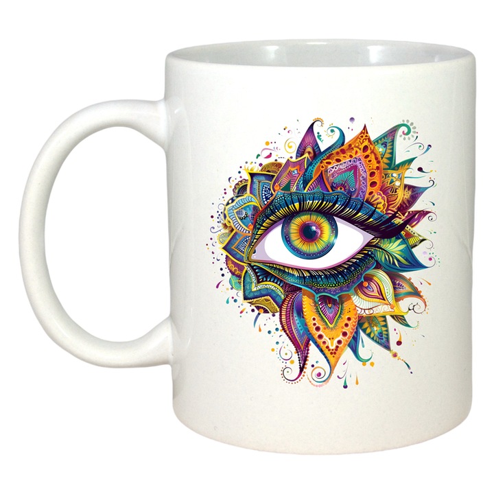 Cana ochi mandala stralucire aurie fusionata, Cri-Flo, Ceramica, 330 ml, Culoare Alb