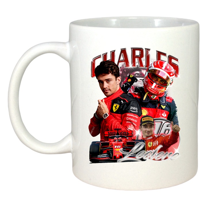 Cana charles leclerc portret formula 1 costum ferrari, Cri-Flo, Ceramica, 330 ml, Culoare Alb