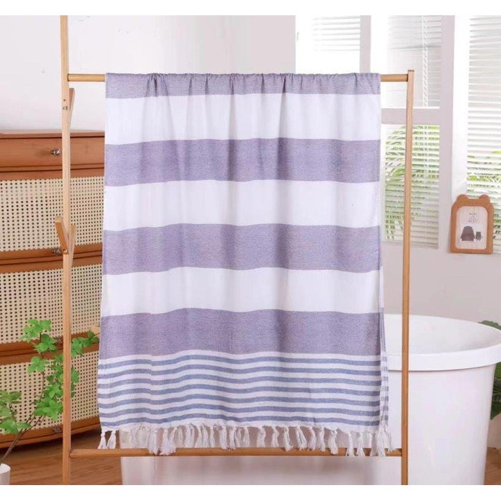 Плажна кърпа в бохо стил с ресни, Cotton Market, 90x180 см, бяло/лилаво, комплект от 1.