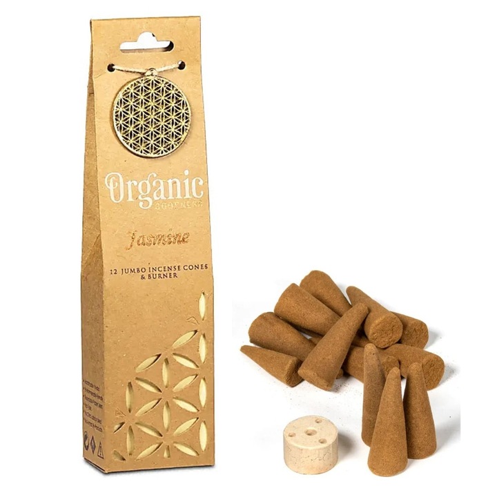 Conuri parfumate jumbo Organic Goodness, Aroma Iasomie, Set 12 buc, cu arzator & pandantiv Floarea Vietii