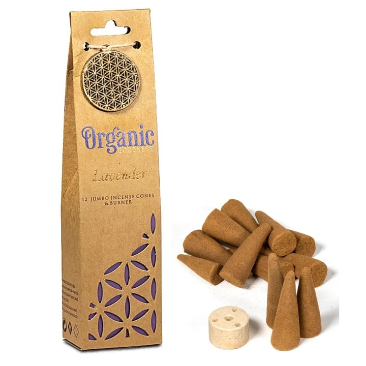 12 db-os Organic Goodness Jumbo illatosító kúp szett égővel és életvirág medállal, levendula illattal