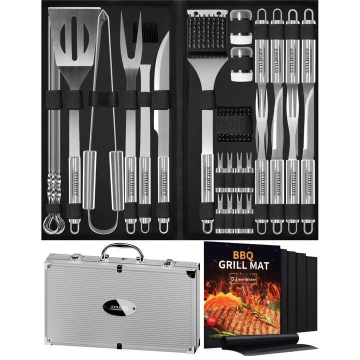 Set ustensile gratar, 39 piese, cu valiza, metal, multicolor