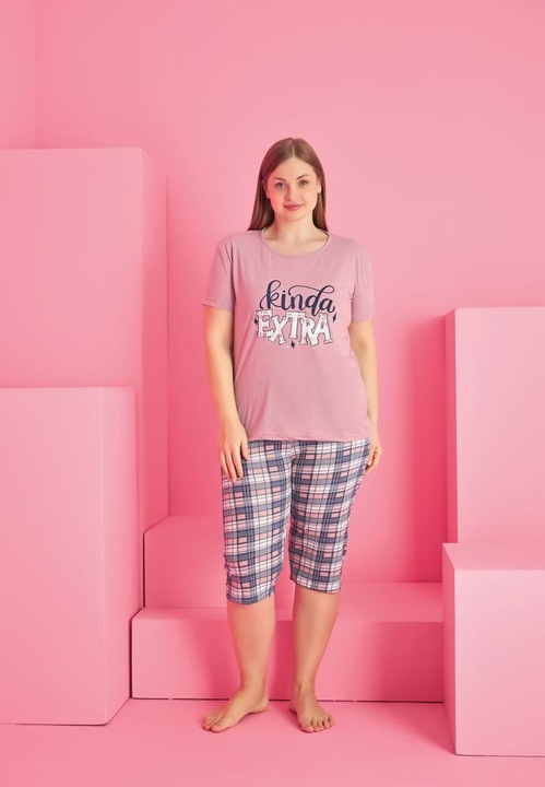 Pijama bumbac dama marimi mari, maneca scurta, pantalon 3/4 - Kinda Extra, Roz Pudra XL