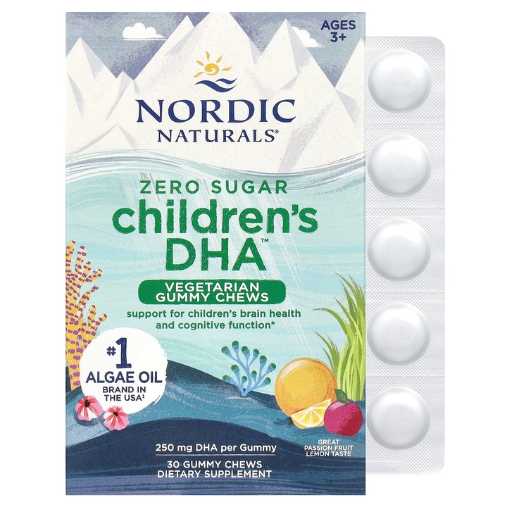 Nordic Naturals Cukormentes Gyermek Táplálékkiegészítő, 3 éves kortól, Maracuja és Citrom, 250 mg, 30 Rágógumi