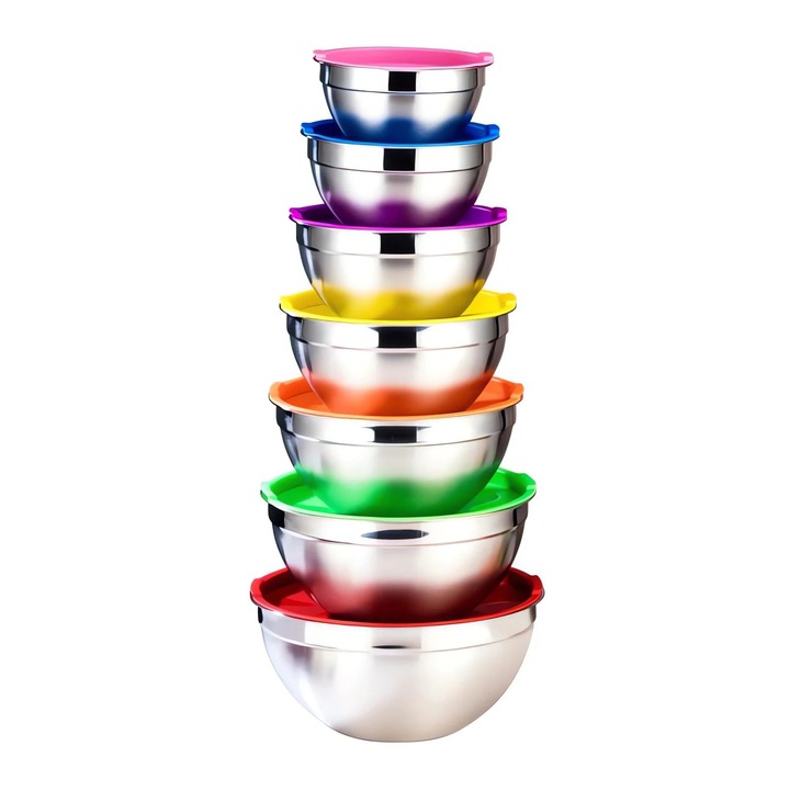 Set boluri inox cu capac, 7 piese, multicolor, 14x14x7.3cm pana la 25.8x25.8x11.8cm