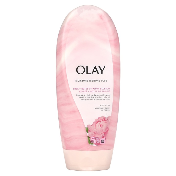 Olay Moisture Ribbons Plus tusfürdő, shea és bazsarózsa jegyekkel, 532 ml