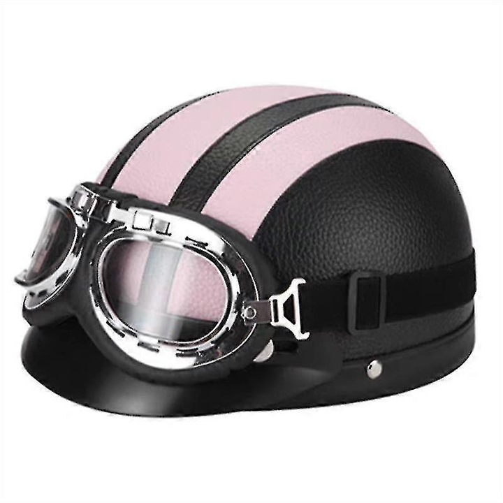 Ретро мото каска от кожа с очила, отлична защита, удобна, среден размер