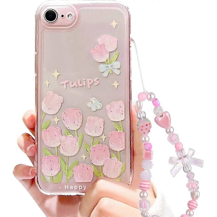 Husa telefon, Compatibila cu iPhone 7/8/SE 2020/SE 2022, design flori 3D, lant capsuni, multicolor