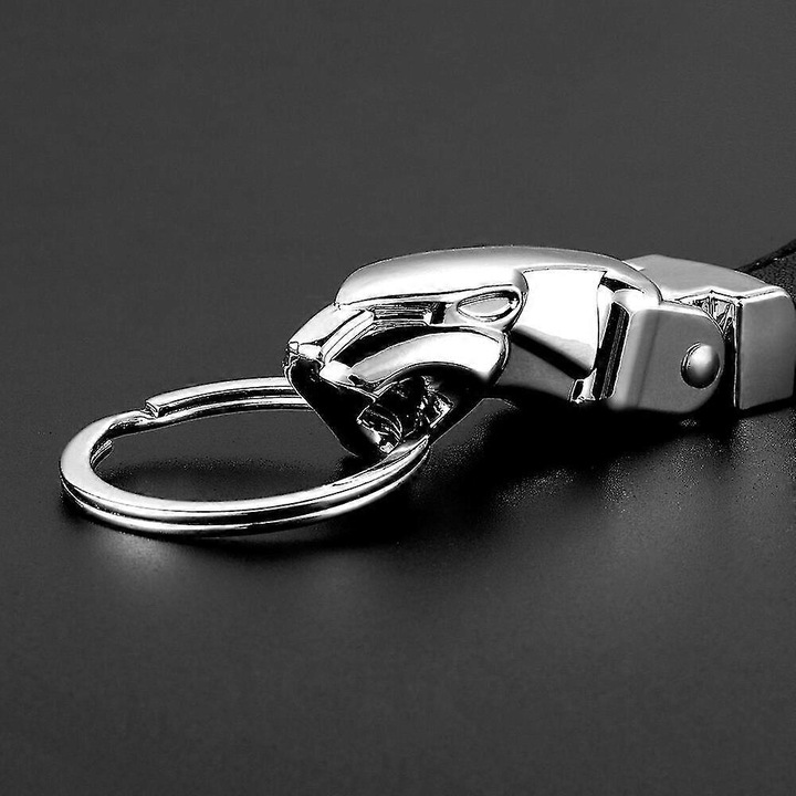 Valódi bőr leopárdfej kulcstartó, 9.8x3.2cm, fekete, 1 darab