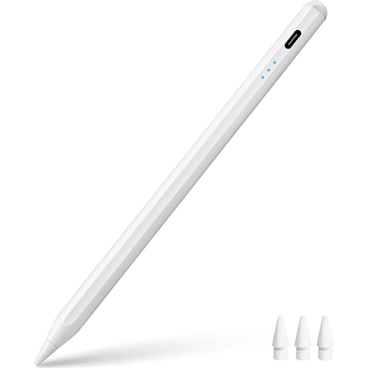 Stylus pentru iPad 2018-2023, pen magnetic, senzor de inclinare, respingere palma, incarcare USB, alb