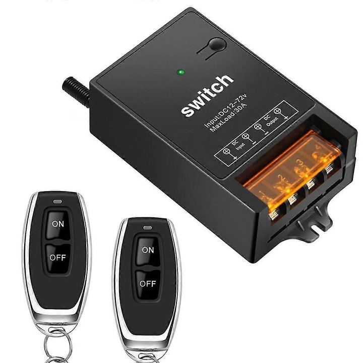 Intrerupator wireless cu telecomanda, 30A, 12v-72v, negru, 1x intrerupator + 2x telecomenzi