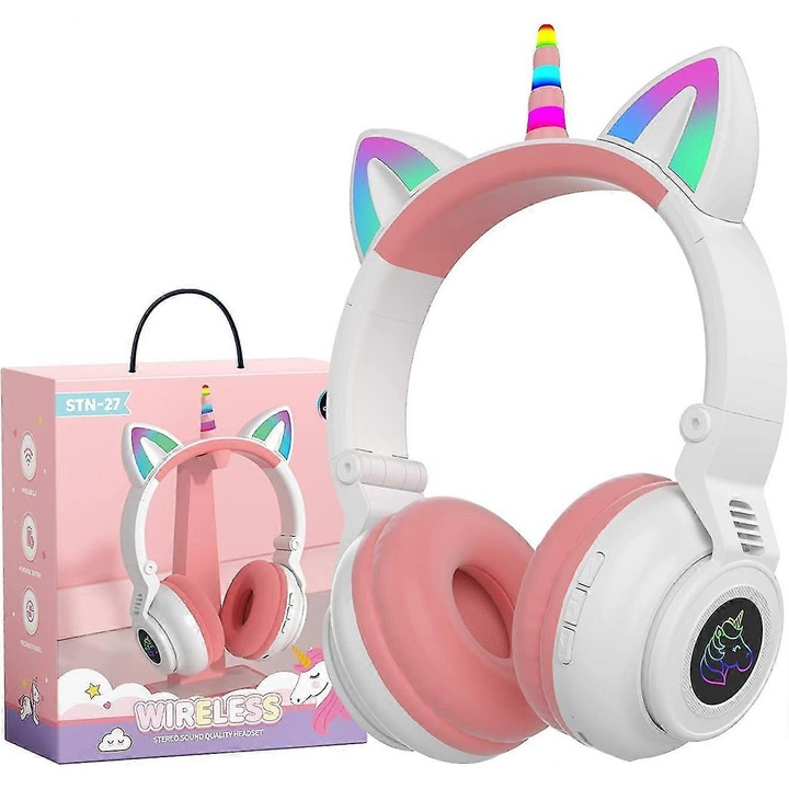 Vezeték nélküli fejhallgató gyerekeknek, unikornis design, LED fényekkel, összecsukható, Bluetooth 5.0, többszínű