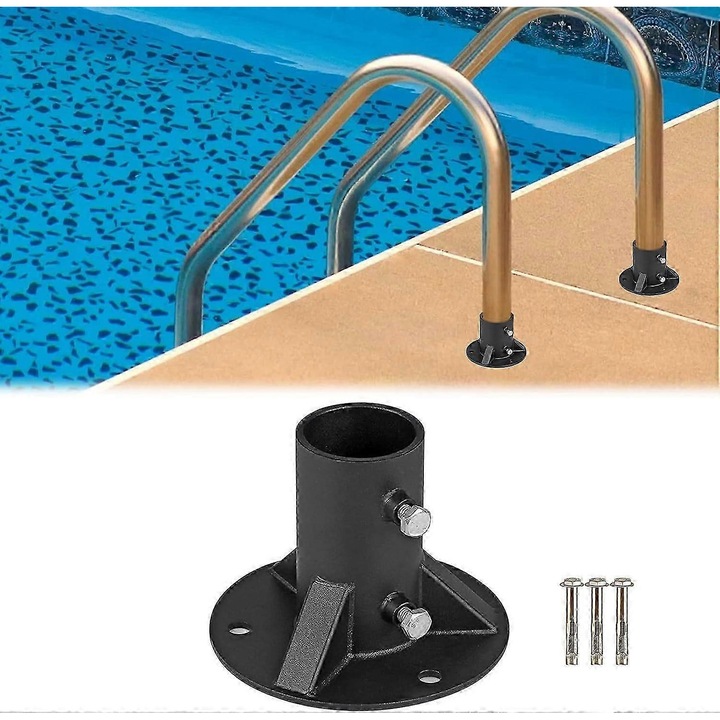 Suport scara piscina, material metalic, culoare neagra, dimensiuni 52x110x145mm, set cu suruburi de fixare.