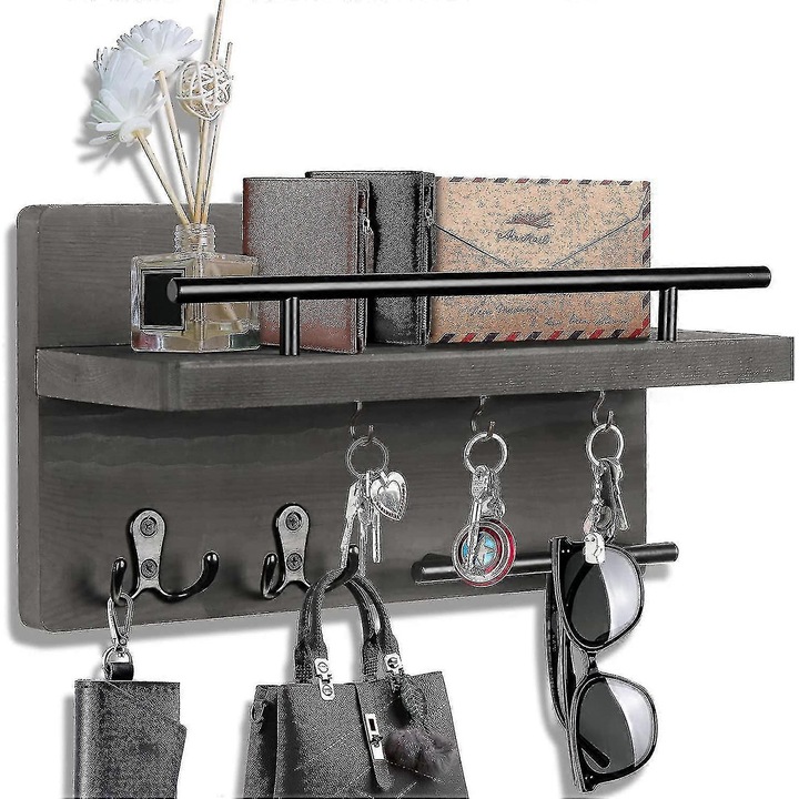 Suport chei perete rustic cu 5 carlige si raft, organizator lemn pentru corespondenta, 32x18x13cm
