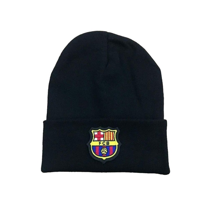 Caciula FC Barcelona, brodata, tricotata, unisex, neagra