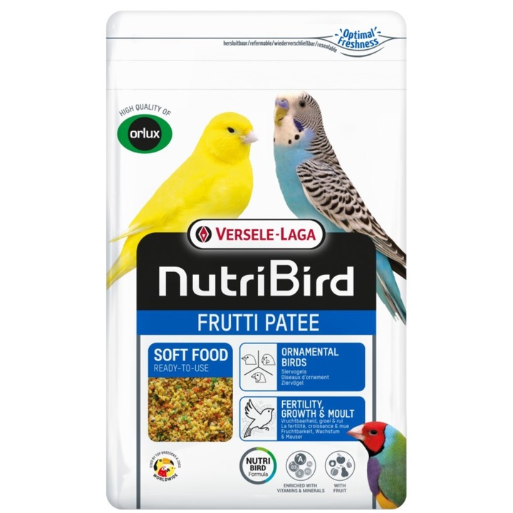 NutriBird Frutti Patee 1kg - Gustare pentru papagali mici si medii, cu fructe, bogata in proteine, cu miere
