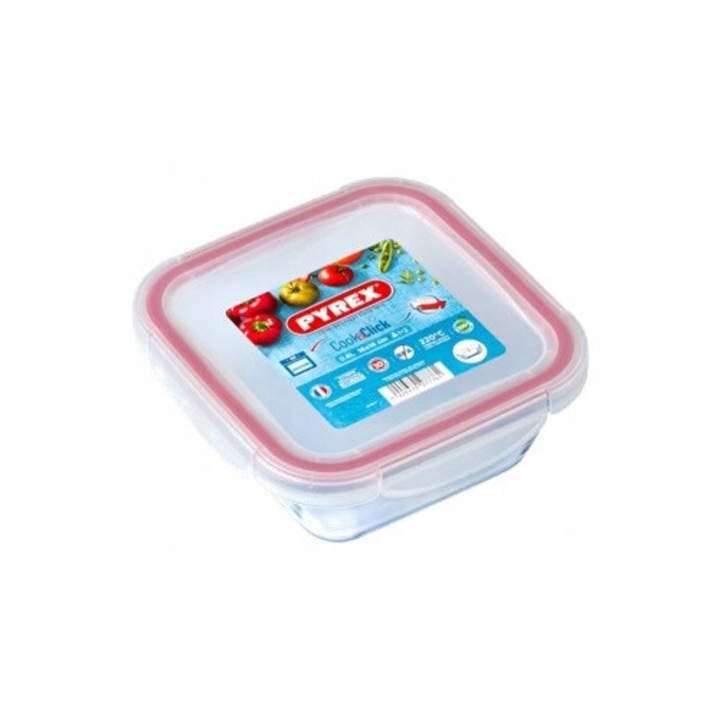 Hőálló üvegtál, Pyrex, 0,8 L, 16x16x6 cm, szögletes, légmentesen záródó