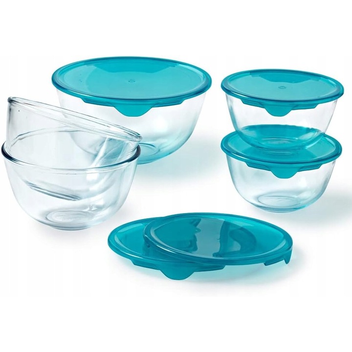 Set 5 boluri din sticla cu capac, Pyrex, 0.5L, 1L, 2L, rezistente la temperaturi extreme, rotunde
