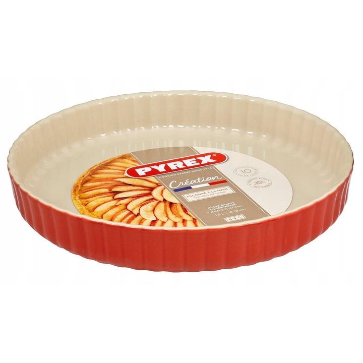 Керамична тава за печене, Pyrex, CREATION, 28 см, червено-бяла, кръгла форма, устойчива на високи температури