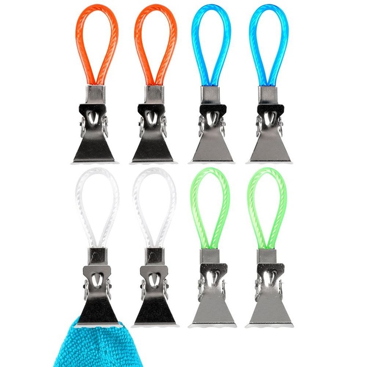 8 darabos törölköző- és szalvétacsipesz készlet, metál, különböző színek, 5x1,5x0,5 cm