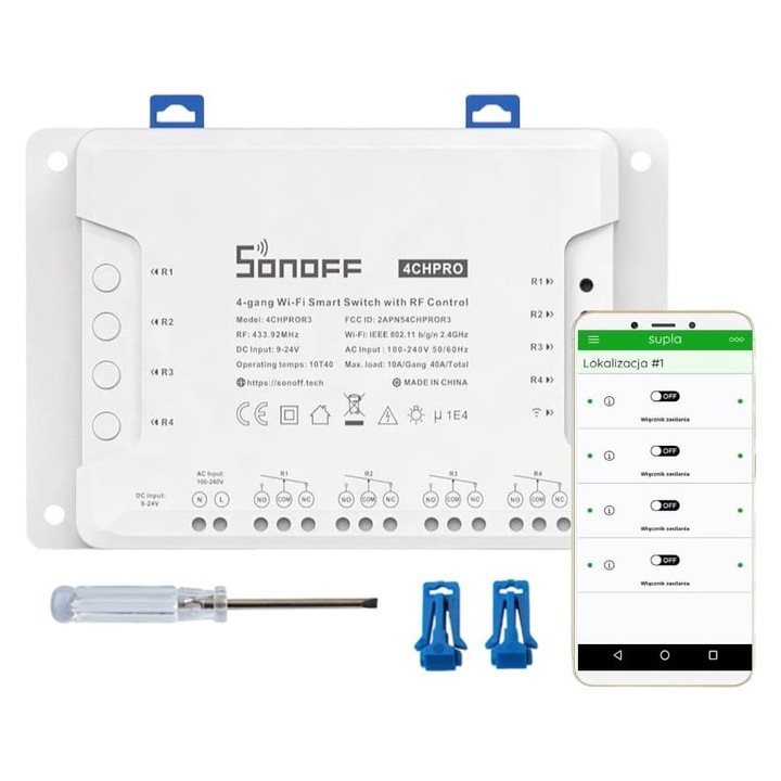 Comutator Wi-Fi Sonoff 4CH Pro R3, 4 canale control RF 433MHz, 145x90x34mm