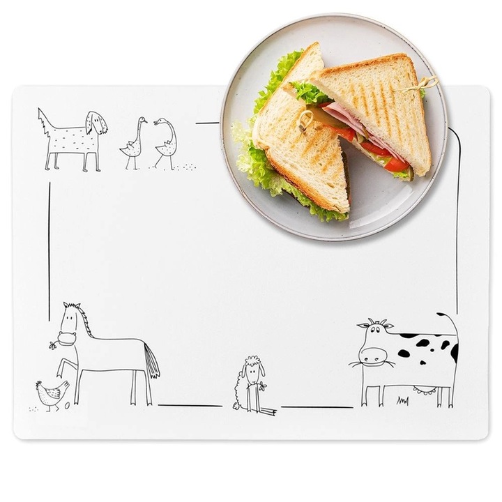 Serveta de masa Orion, 35x25 cm, alb cu motiv de animale, set protector