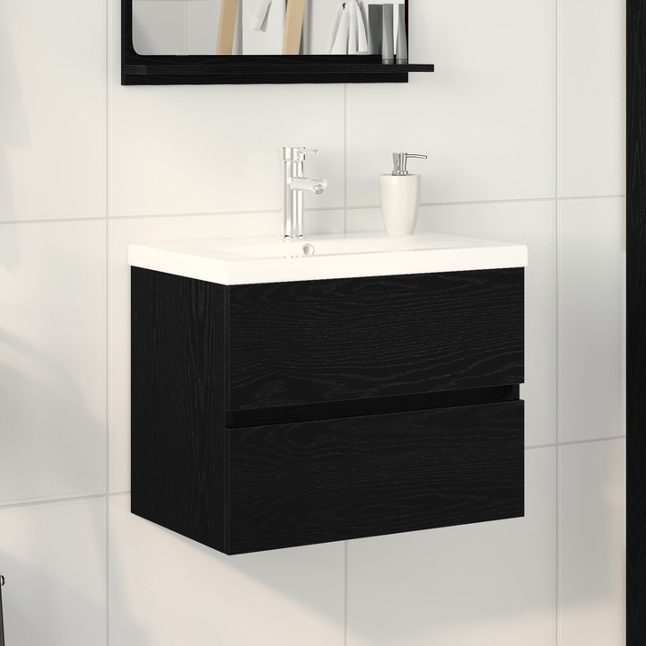 Mobilier baie, vidaXL, safca sub chiuveta cu bol incorporat, negru si stejar, 2 sertare, MDF