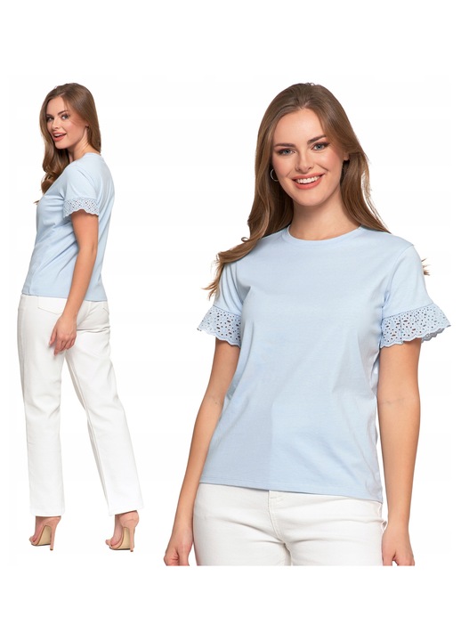 Дамска блуза, Moraj, ръкави тип пеперуда, дантела, синя, памук