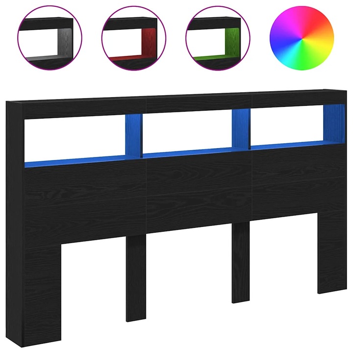 Tablie pat cu LED si rafturi, vidaXL, negru, 180x17x102 cm