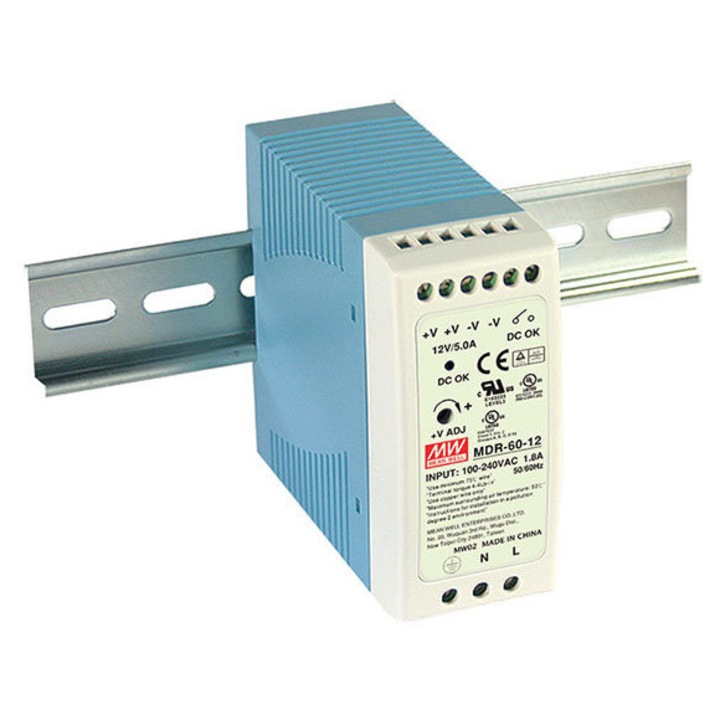 Sursa de alimentare pentru sina DIN, Mean Well, MDR-60, 60W, 24V, 2.5A, protectie la suprasarcina