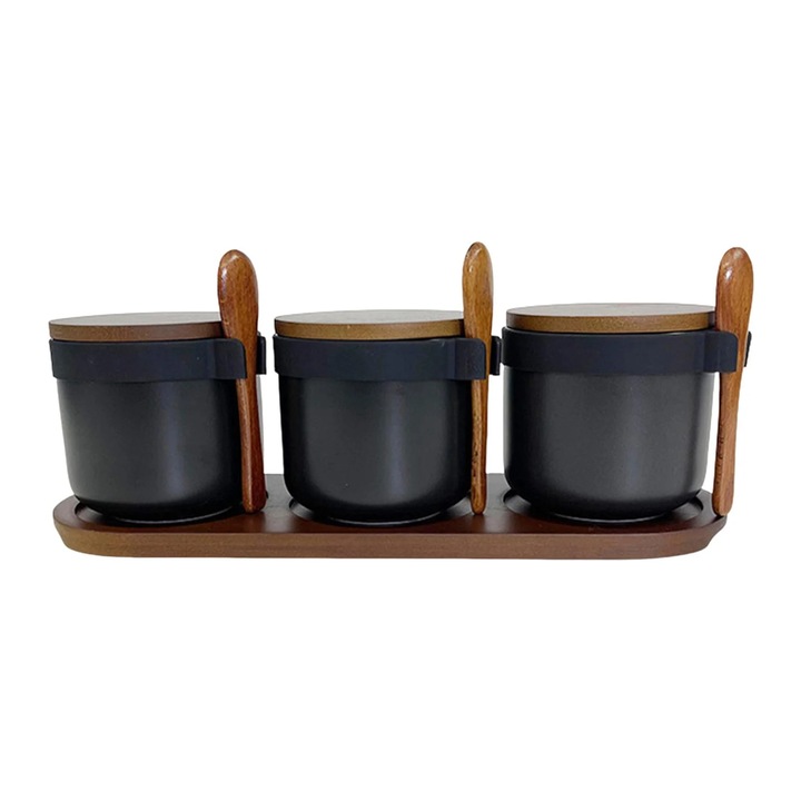 Комплект от 3 керамични бурканчета за подправки с капаци и лъжички, черни, кухненски органайзер
