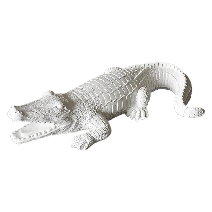 Figurina Crocodil Sculptura Aligator Ornament Decorativ pentru Birou, Statui de Gradina, 24x13x6cm, Alb